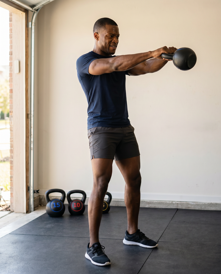 Kettlebell weight set from The Peak Pivot for full body strength training, featuring multiple kettlebells and workout accessories.