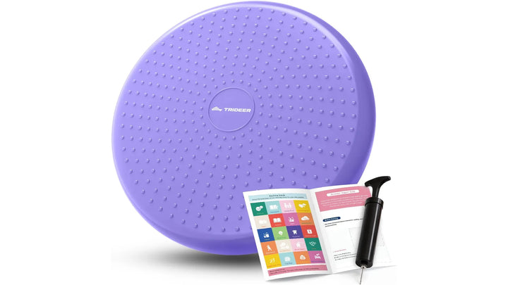The Peak Pivot Wobble Cushion for balance training, featuring a round, textured surface in vibrant colors for stability exercises.