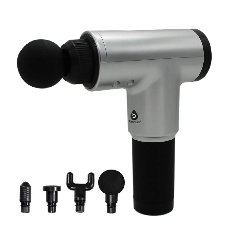 Pursonic Deep Tissue Massage Gun with 6 speed settings, ergonomic design, and multiple attachments for muscle recovery and relaxation.