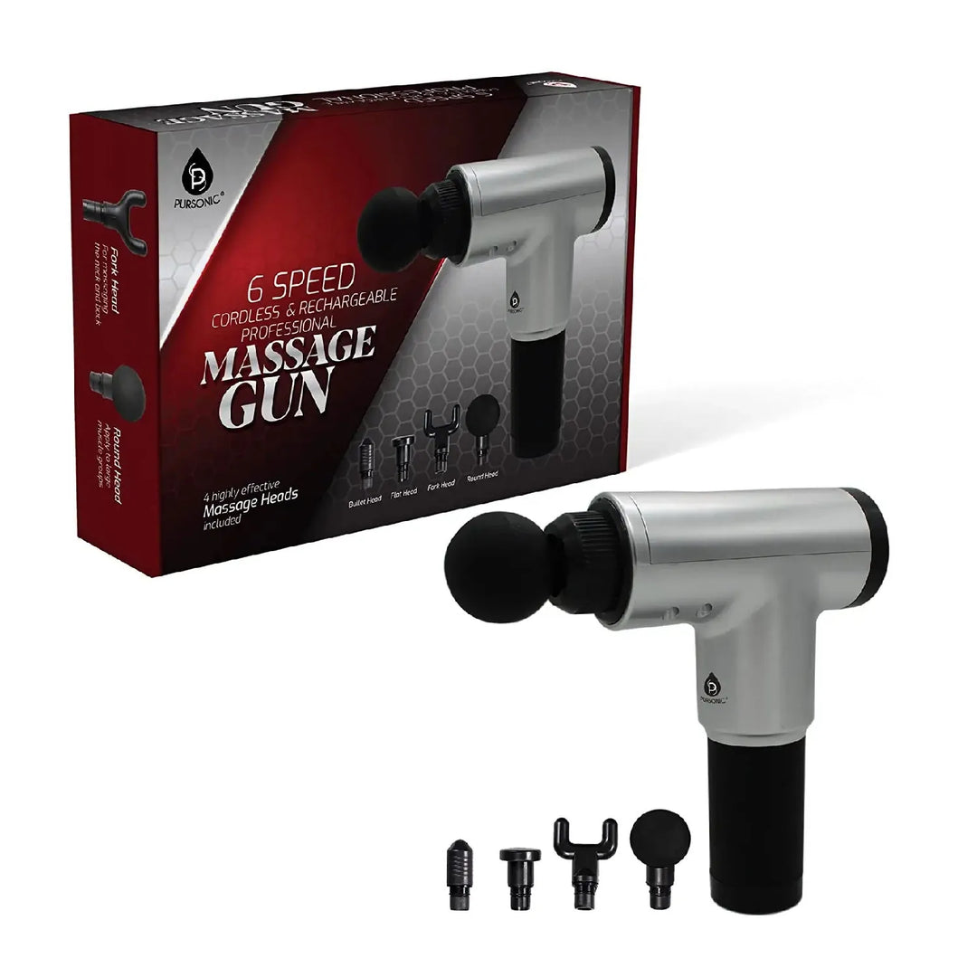 Pursonic Deep Tissue Massage Gun with 6 speed settings, designed for muscle recovery and wellness, displayed with multiple attachment heads.