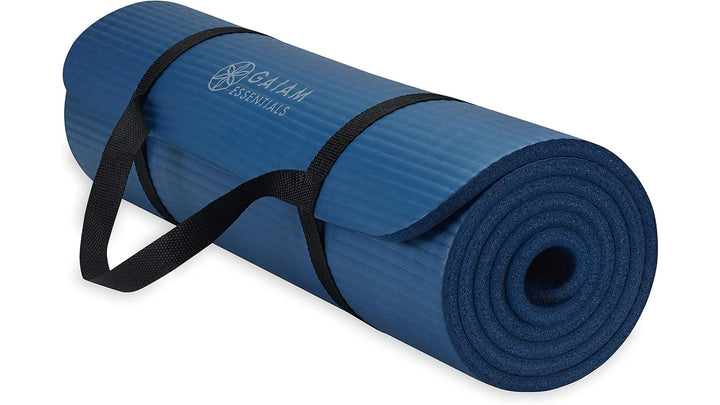 Navy Gaiam Essentials Yoga Mat by The Peak Pivot, textured surface for grip and comfort, perfect for yoga practice.