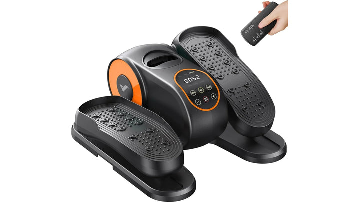 Under-desk elliptical machine showing compact design and foot pedals for low-impact exercise.