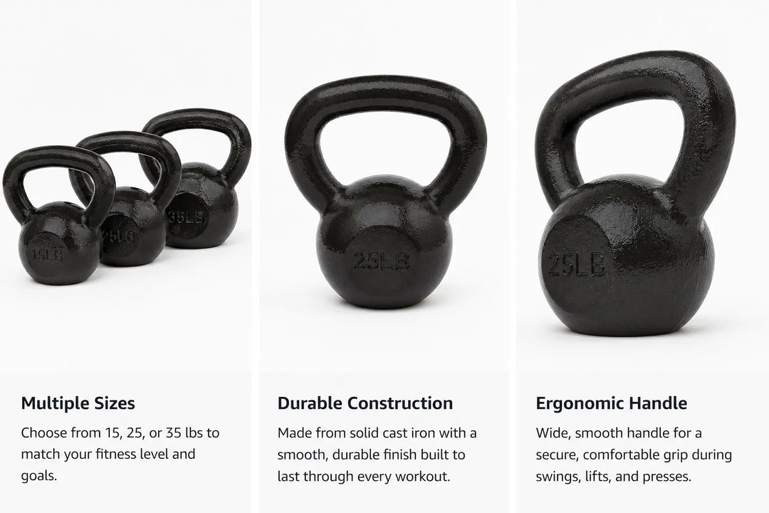 Cast iron kettlebell weights from The Peak Pivot, showcasing a sturdy, black kettlebell with a handle for strength training.