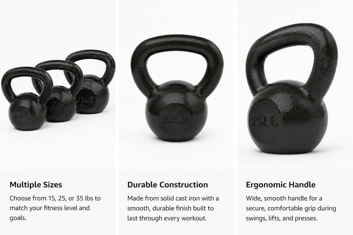 Cast iron kettlebell weights from The Peak Pivot, showcasing a sturdy, black kettlebell with a handle for strength training.