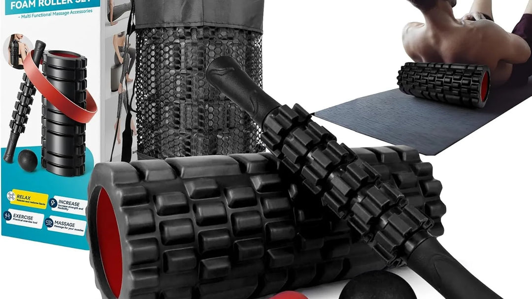 Black 5-in-1 foam roller set by The Peak Pivot with multiple textured rollers for muscle relief and recovery.