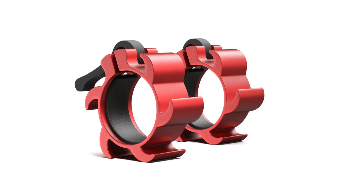 Synergee aluminum barbell collars with quick-release design for secure weightlifting and easy adjustments during workouts.