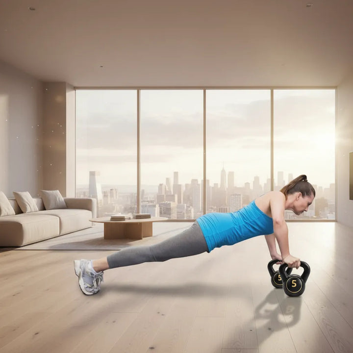 Set of Peak Strength kettlebell weights and accessories for full-body training, featuring sturdy handles and durable construction.