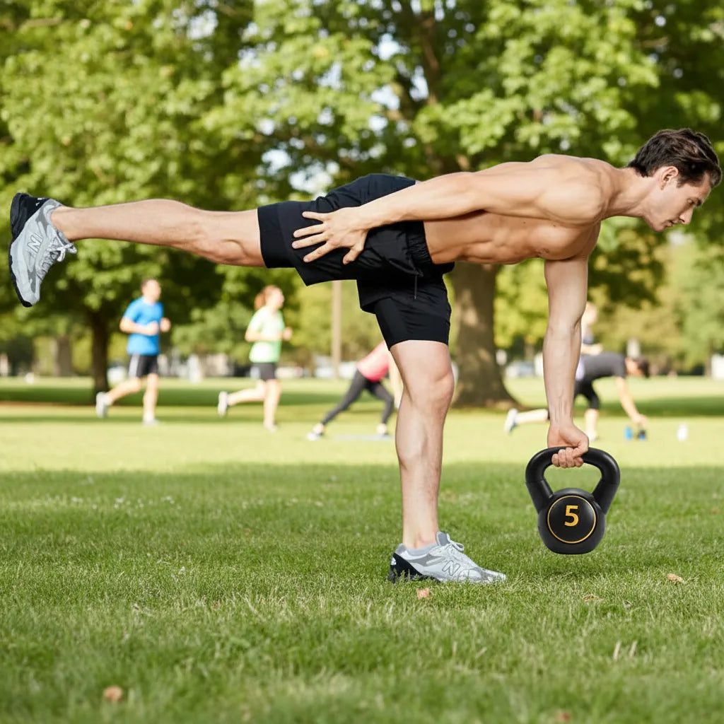 Peak Pivot kettlebell weight set with multiple weights for full body training, showcasing the durable, black cast iron kettlebells.