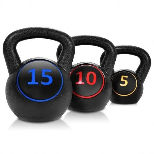 Set of kettlebell weights from The Peak Pivot, full body training kit with various weight sizes for strength workouts.
