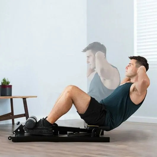Home gym squat machine by The Peak Pivot, 8-in-1 full body trainer with adjustable bench and weight rack for versatile workouts.