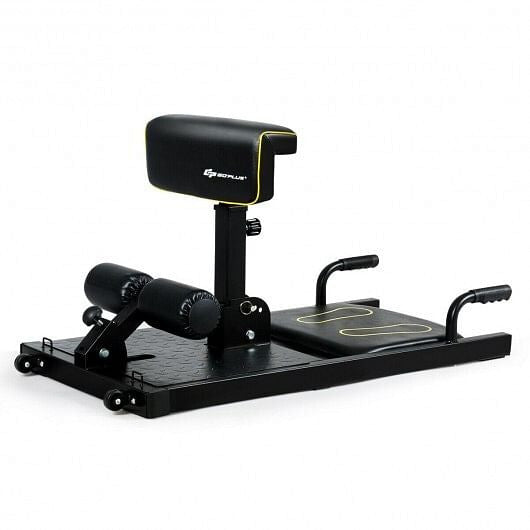 Home gym squat machine and full-body trainer by The Peak Pivot, featuring adjustable benches, racks, and bars for strength training.
