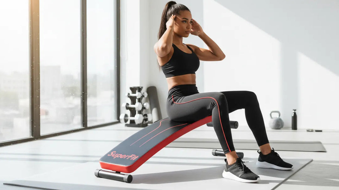 Adjustable weight bench from The Peak Pivot, foldable full-body trainer with padded surface and metal frame for strength workouts.