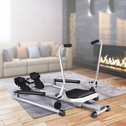 Hydraulic rowing machine from The Peak Pivot for full body home workouts, featuring a compact design and adjustable resistance.