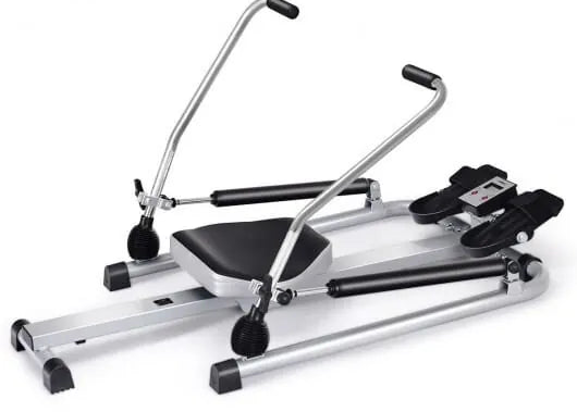 Hydraulic rowing machine from The Peak Pivot with adjustable resistance and a digital display for full-body workout.