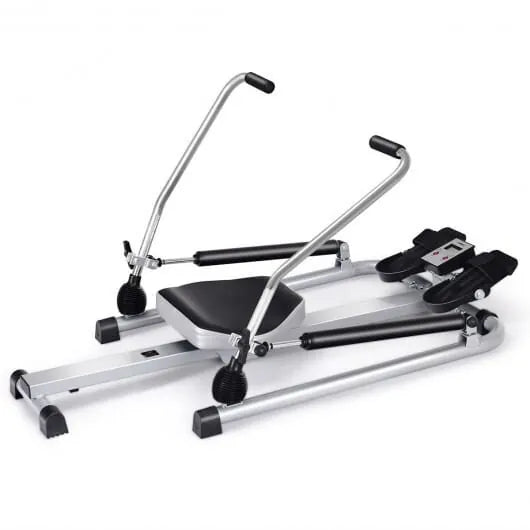 Hydraulic rowing machine by The Peak Pivot for full-body home workouts, featuring adjustable resistance and ergonomic design.