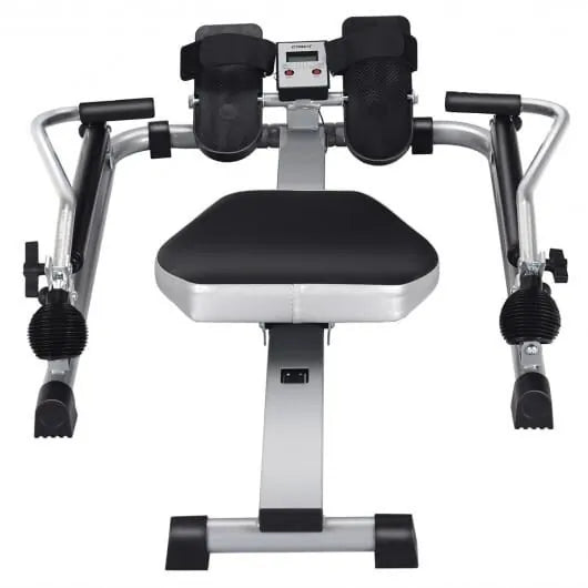 Hydraulic rowing machine by The Peak Pivot for full-body home workouts, featuring adjustable resistance and ergonomic design.