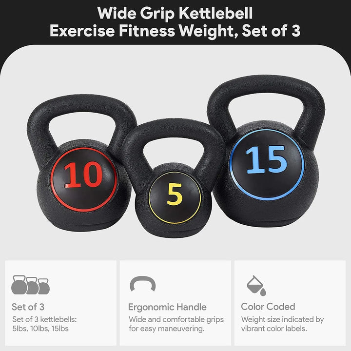 Set of black kettlebell weights from The Peak Pivot, featuring various sizes for strength training and functional fitness exercises.
