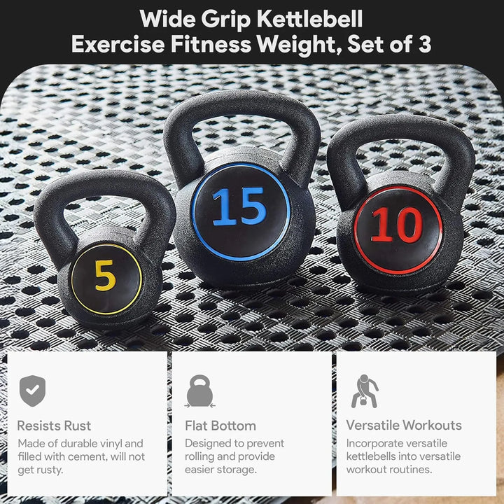 Set of black kettlebells of various sizes from The Peak Pivot Kettlebell Weight Set on a gym floor