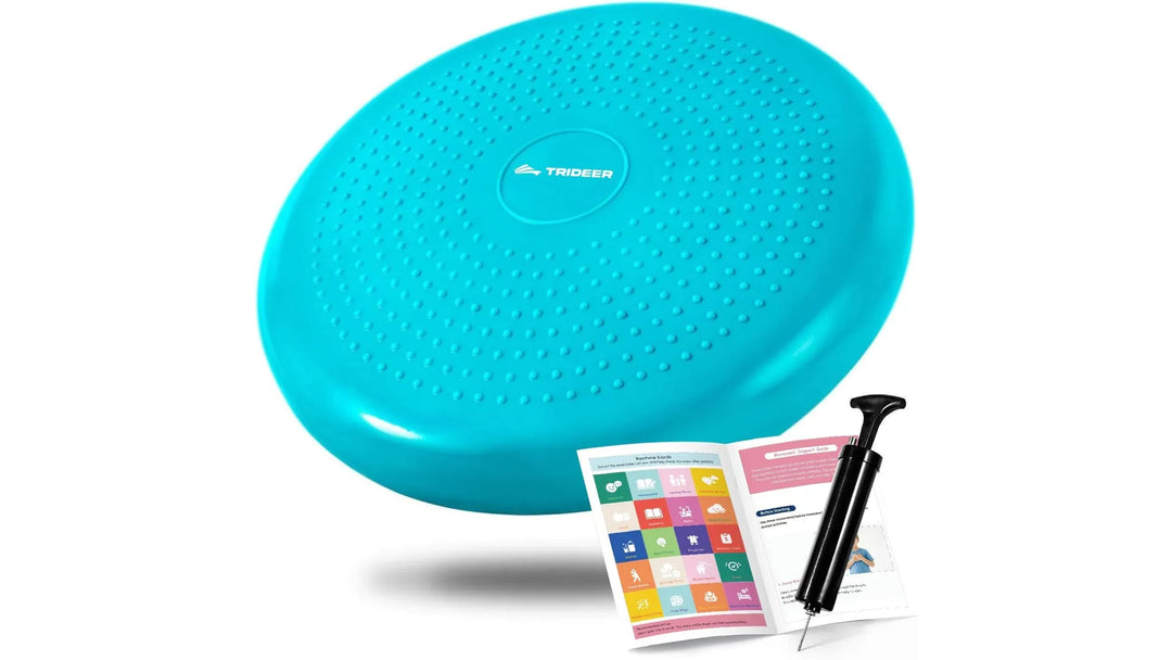 The Peak Pivot wobble cushion used as a balance cushion, featuring a round, textured surface for stability and sensory feedback.