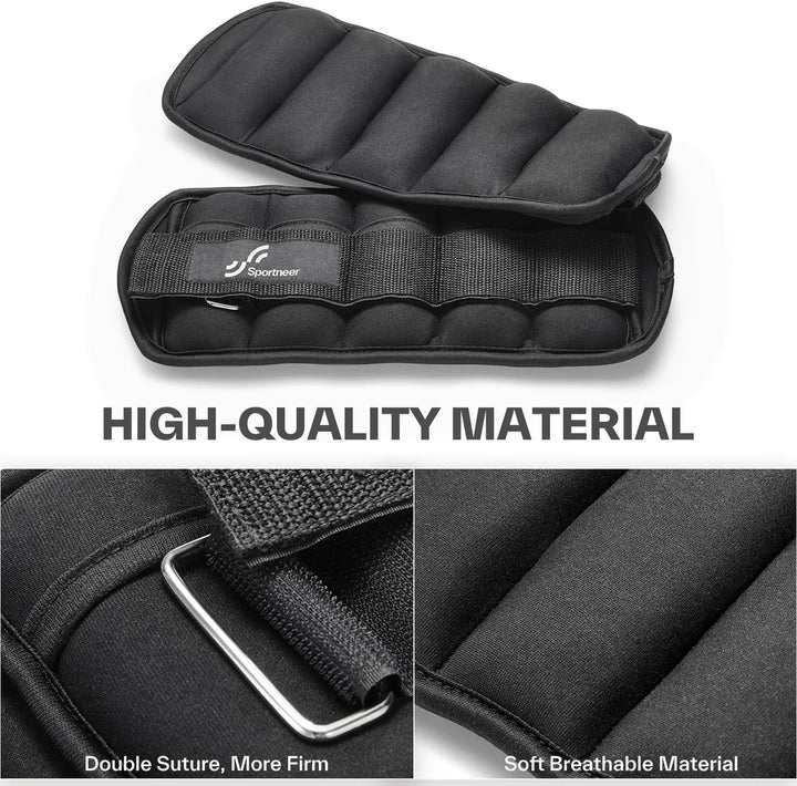Adjustable ankle weights by The Peak Pivot, 2-10 lb set, showing padded straps and metal weights for fitness exercises.