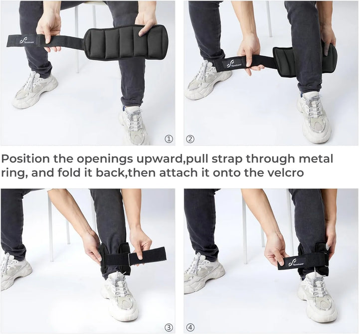 Pair of adjustable ankle weights from The Peak Pivot, 2 to 10 pounds, shown secured around a person&