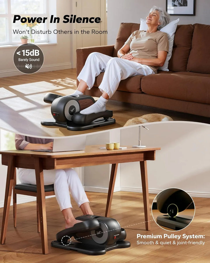 Under-desk elliptical machine featuring a compact design with foot pedals and a sturdy frame for quiet exercise.