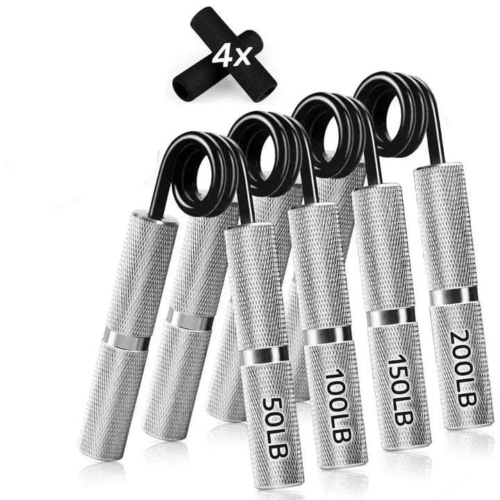 Set of four Forearm Training Grip Strengtheners by The Peak Pivot for home grip strength exercises and forearm muscle building.