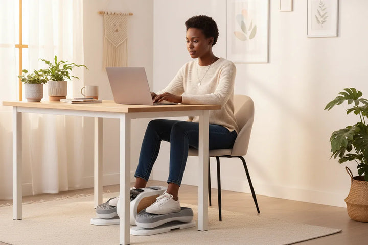 Under-desk elliptical machine with adjustable resistance and compact design for low-impact exercise.