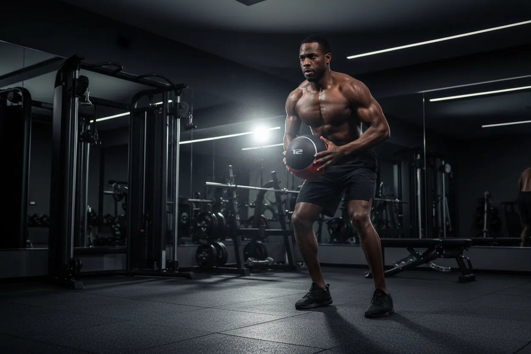 The Peak Pivot medicine ball for core training and strength workouts, showing a durable black exercise ball with textured surface.