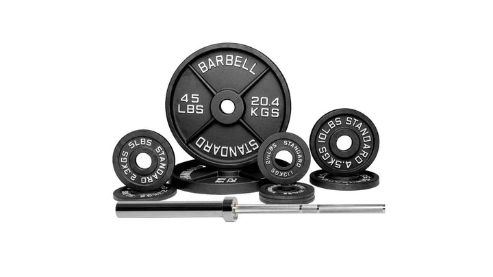 Barbell Standard 1000 Compact Barbell Weight Set with multiple weight plates and barbell for strength training workouts.