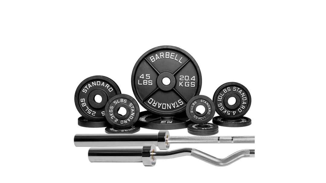Barbell Standard 1000 compact weight set with adjustable barbell and multiple weight plates for strength training.