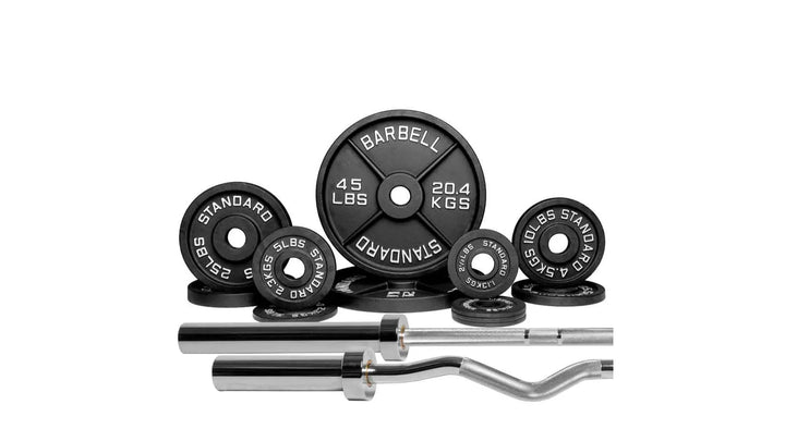 Barbell Standard 1000 compact weight set with adjustable barbell and multiple weight plates for strength training.