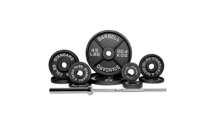 Barbell Standard 1000 compact weight set with adjustable metal barbell and weight plates for strength training and gym workouts.