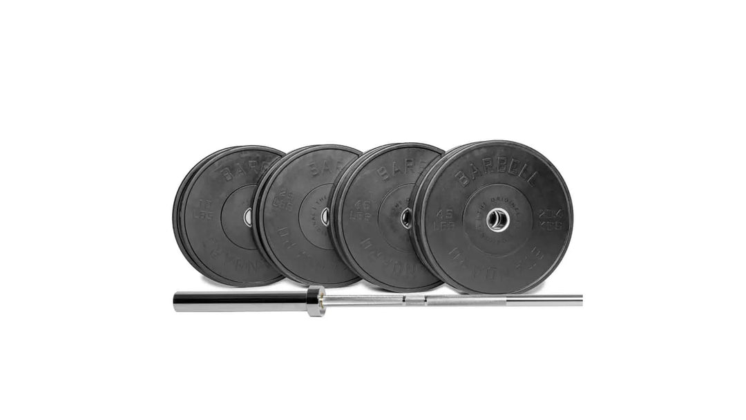 Barbell Standard 1000 Compact Barbell Weight Set with multiple weight plates and a sturdy barbell for strength training exercises.