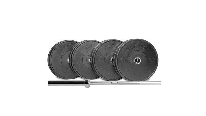 Barbell Standard 1000 Compact Barbell Weight Set with multiple weight plates and a sturdy barbell for strength training exercises.