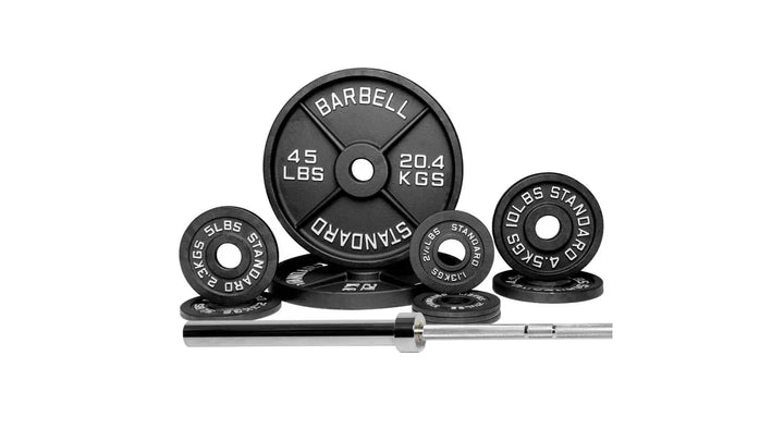 Set of Barbell Standard 1500 Olympic Barbell Weight Sets with multiple weight plates for strength training and lifting workouts