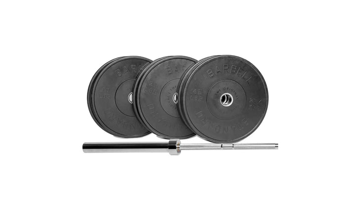 Olympic Barbell 1500 Standard weight set with multiple weight plates and barbell for strength training and gym workouts.