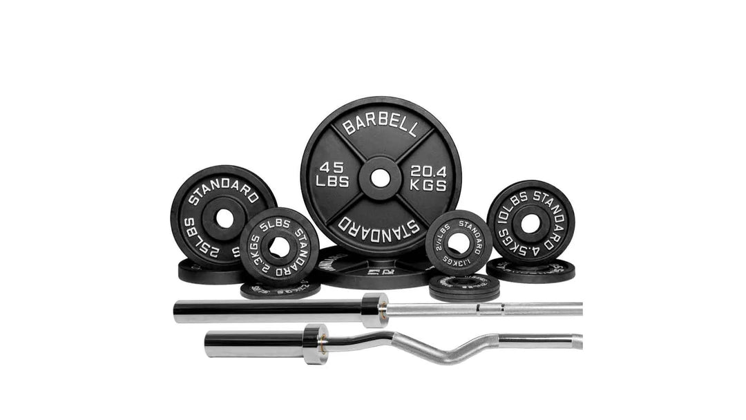 Barbell Standard Olympic 1500 weight set with multiple weight plates and barbell for strength training and weightlifting.