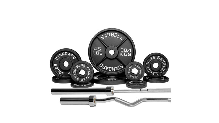 Barbell Standard Olympic 1500 weight set with multiple weight plates and barbell for strength training and weightlifting.