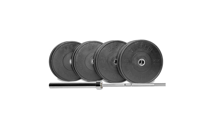 Barbell Standard 1500 Olympic weight set with multiple plates and barbell for strength training and weightlifting exercises.
