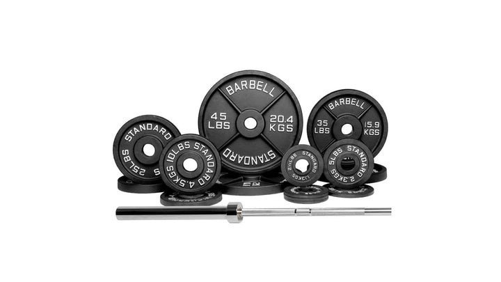 Olympic Barbell Standard 1500 weight set with adjustable barbell and weight plates for strength training and weightlifting.