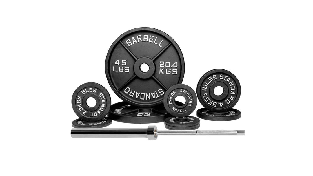 Barbell Standard 2000 Power Barbell weight set with multiple weight plates and barbell for strength training exercises.