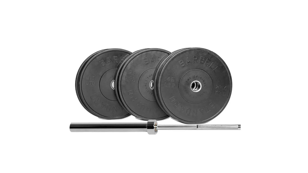 Set of Barbell Standard 2000 Power Barbell Weight Plates with evenly loaded weights on a sturdy barbell for strength training.