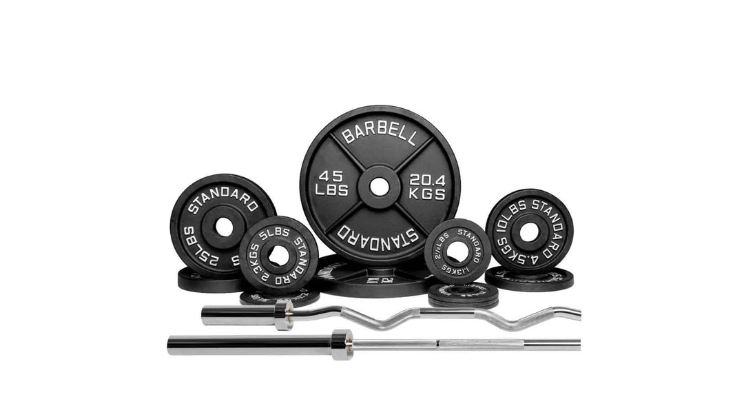 Set of Barbell Standard 2000 Power Barbell Weight Plates showing various weights and the barbell for strength training.