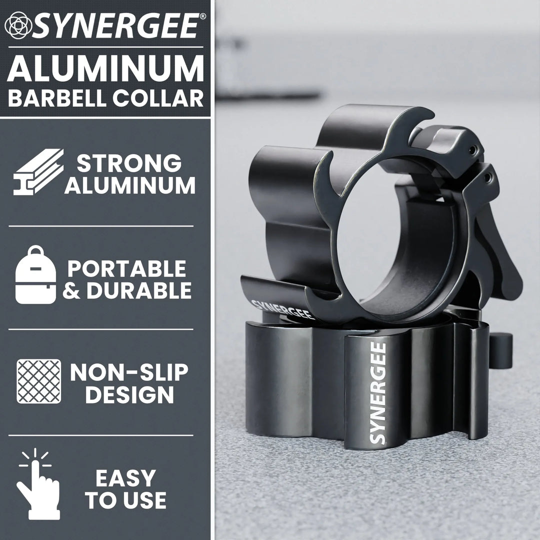 Synergee aluminum barbell collars with secure clamp design for weightlifting and strength training.