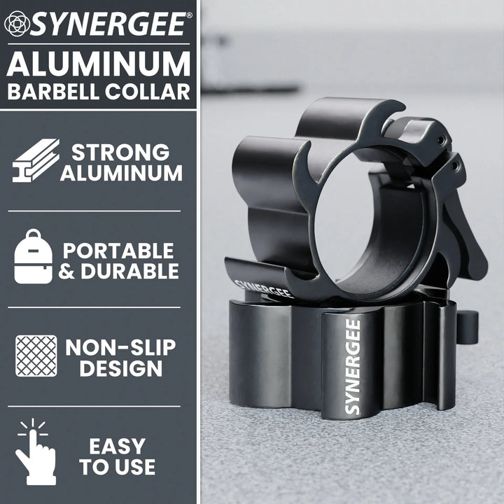 Synergee aluminum barbell collars with secure clamp design for weightlifting and strength training.