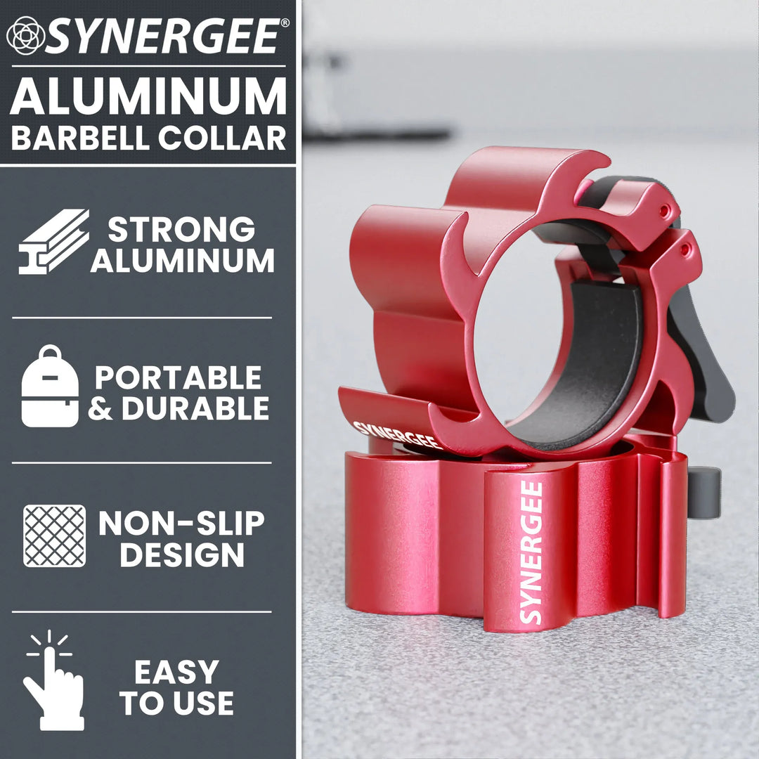 Synergee aluminum barbell collars with secure locking mechanism for weightlifting and gym training.