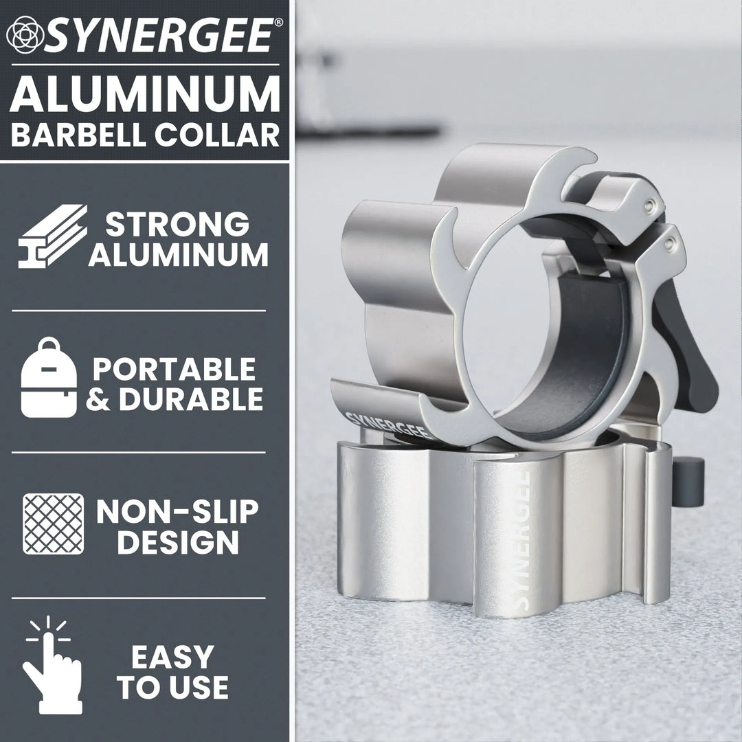 Synergee aluminum barbell collars for weightlifting, shown securing a barbell with a sleek, durable design.