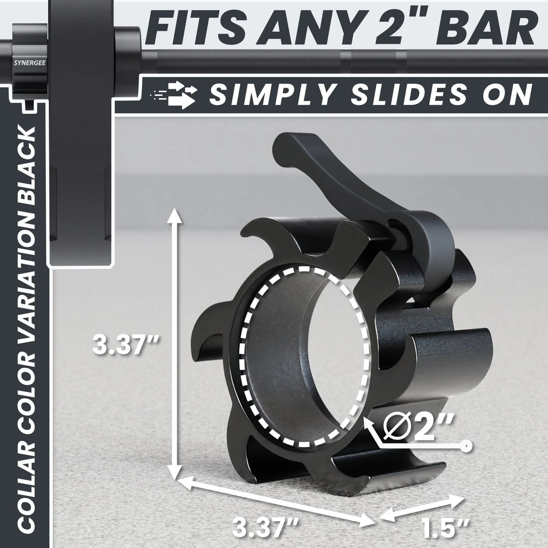 Synergee Aluminum Barbell Collars shown on a barbell, designed to secure weight plates during lifting exercises.