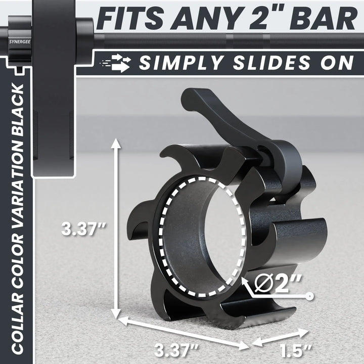 Synergee Aluminum Barbell Collars shown on a barbell, designed to secure weight plates during lifting exercises.